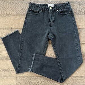 Sezane Denim Frayed Hem Button Fly Straight Leg Ankle Jeans